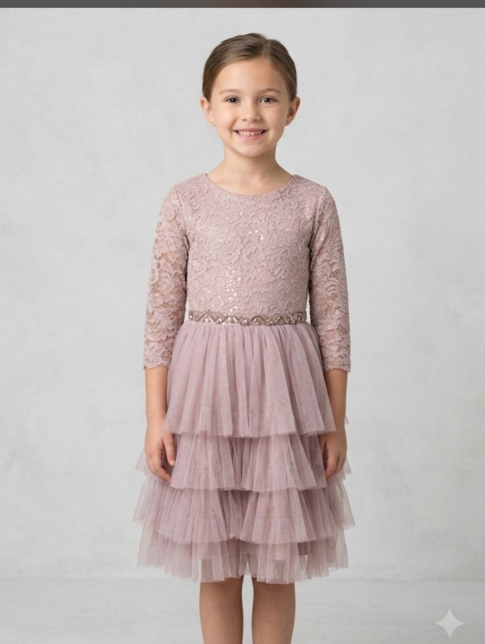 Rare Editions Dusty Rose Lace Bodice Tiered Tulle Dress Size 16